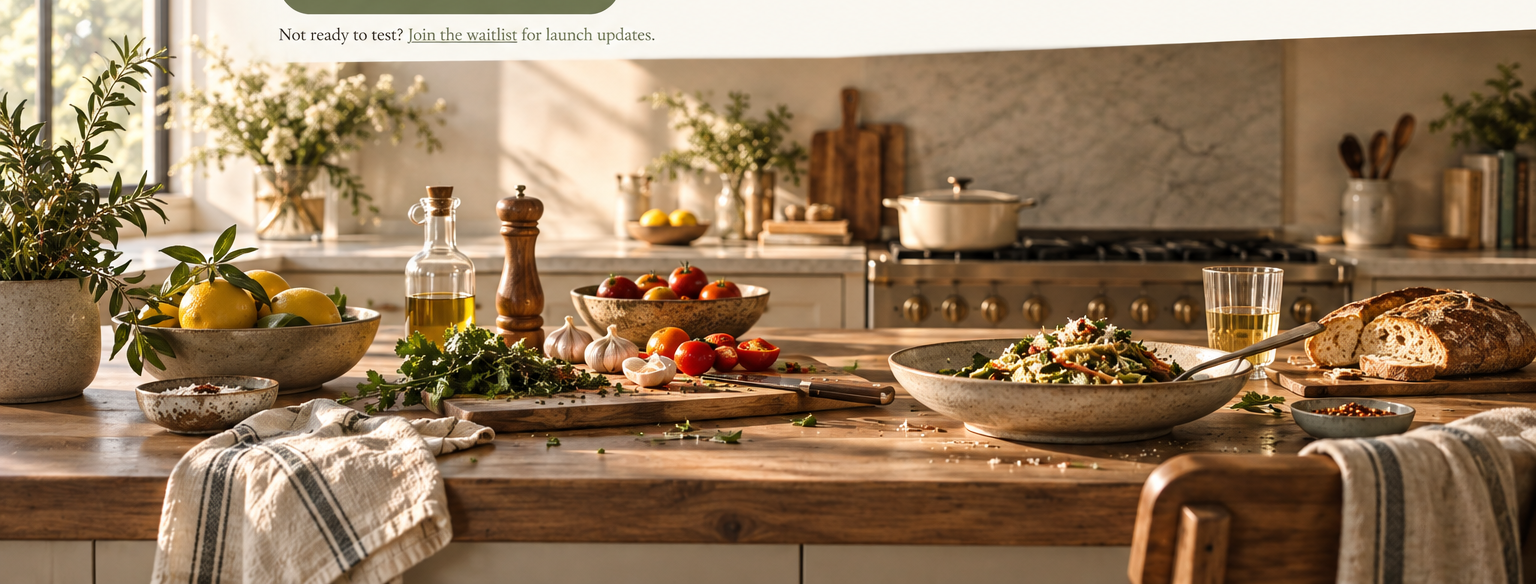 A warm, lived-in kitchen table filled with fresh ingredients and a meal in progress